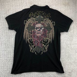 Punk Polo Shirt Men Extra Extra Large XXL Black Skull Print Beaded Rhinestones